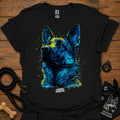 Black graphic t-shirt with blue German shepherd portrait front print