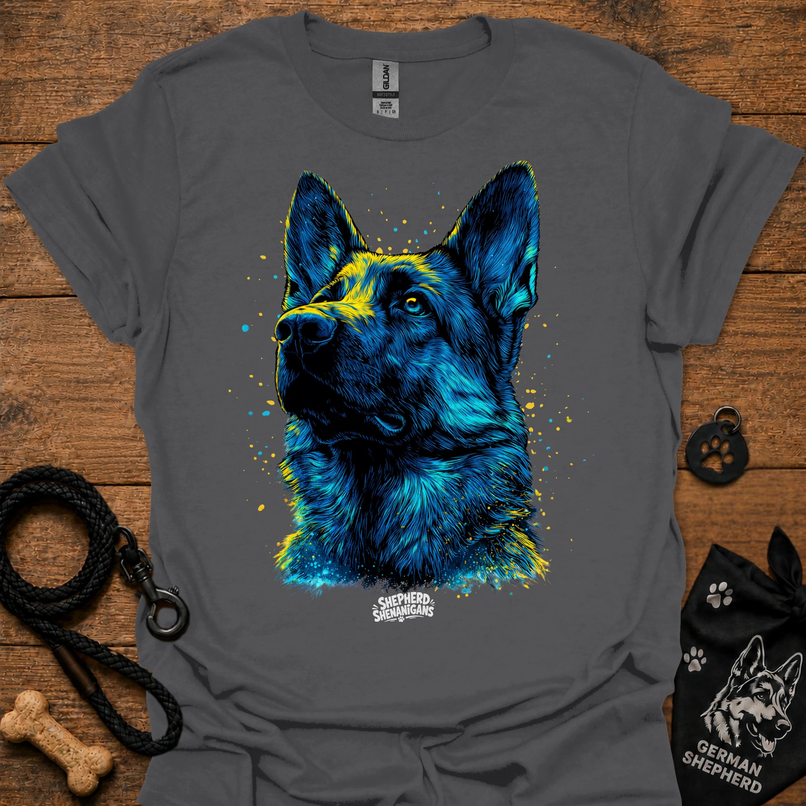 Dark gray graphic t-shirt with blue German shepherd portrait front print