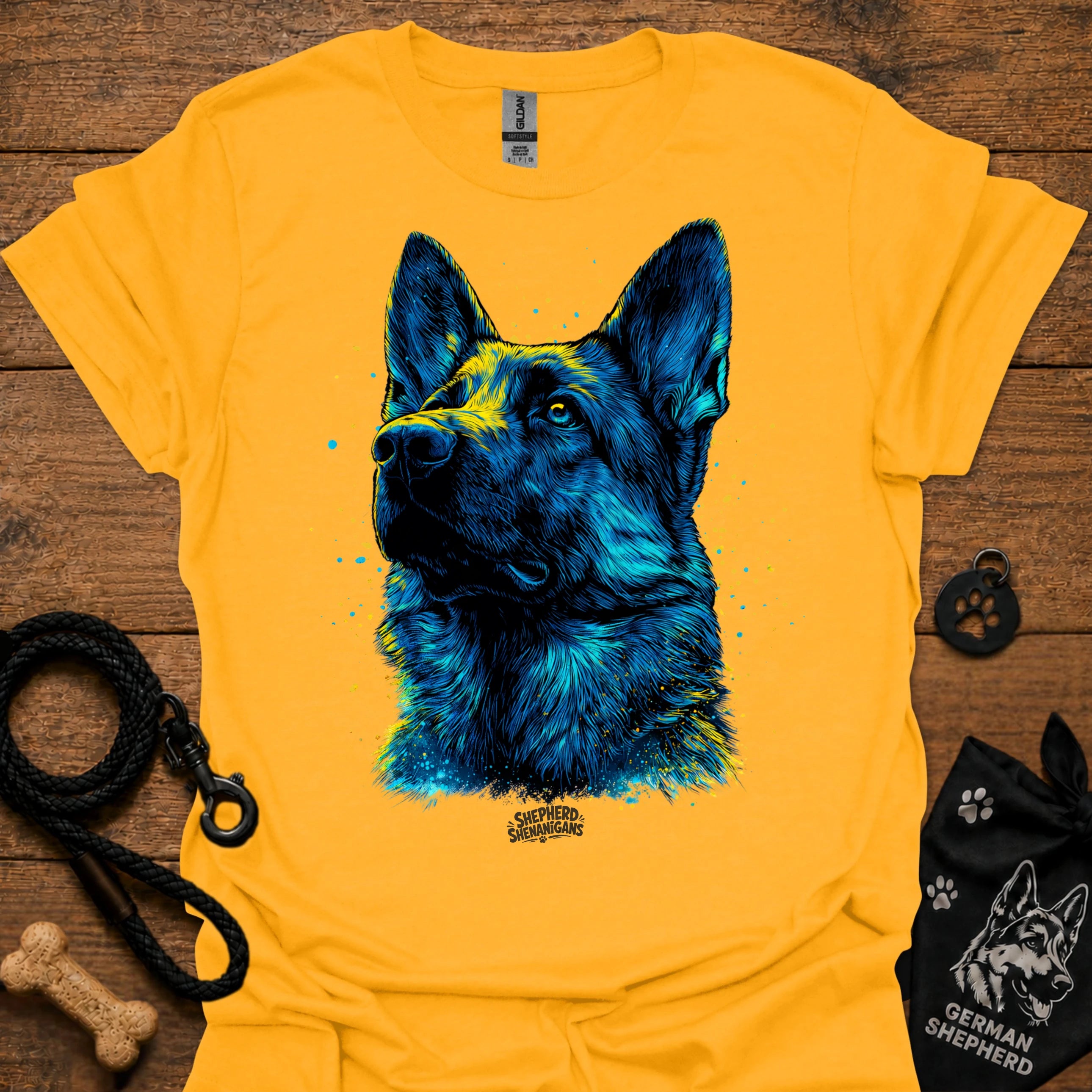 Yellow graphic t-shirt with blue German shepherd portrait front print