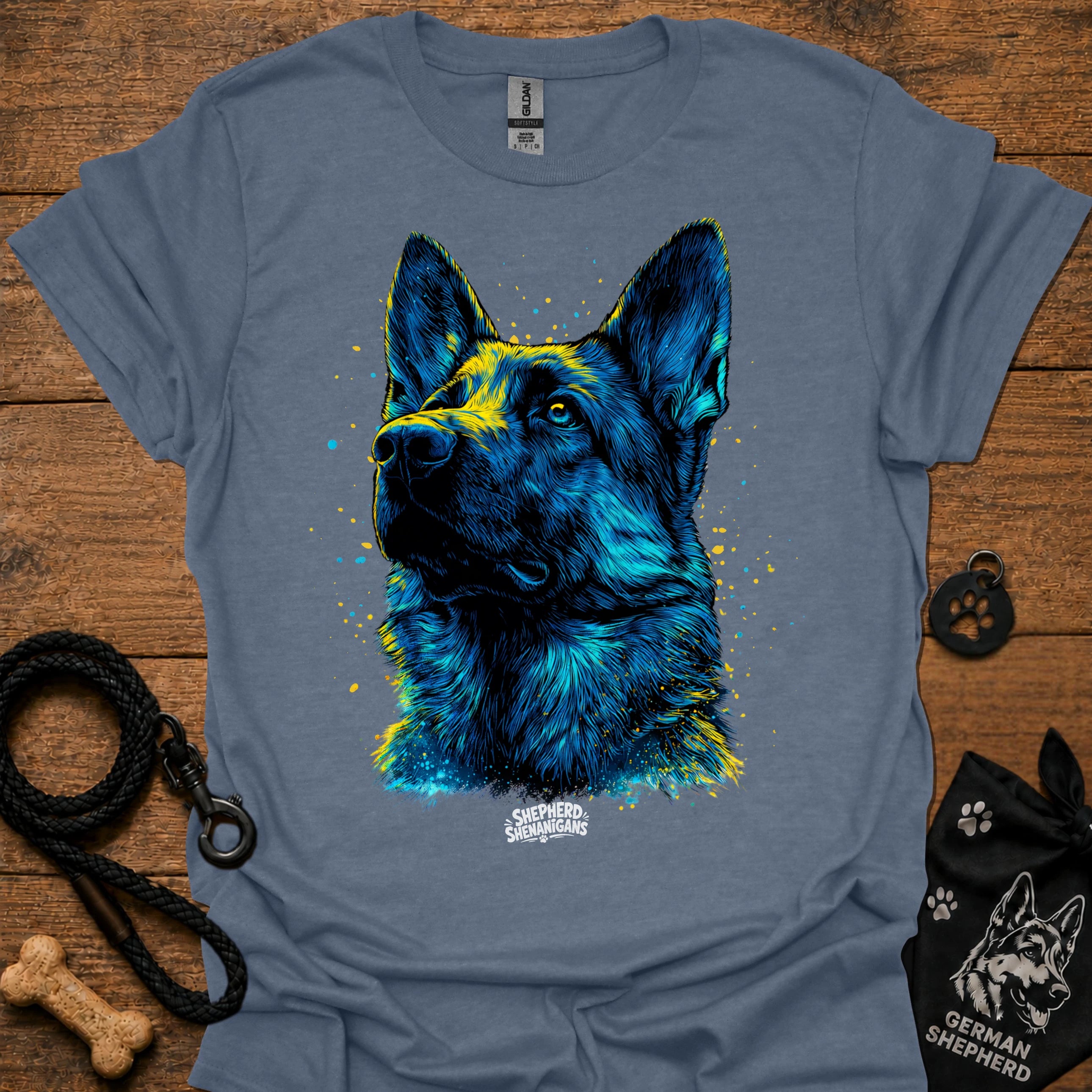 Steel blue graphic t-shirt with blue German shepherd portrait front print