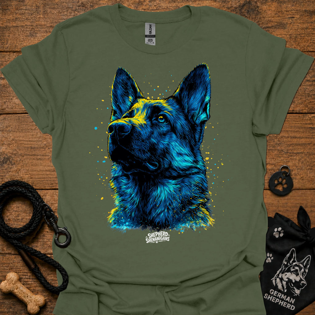 Olive green graphic t-shirt with blue German shepherd portrait front print