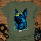 Olive green graphic t-shirt with blue German shepherd portrait front print