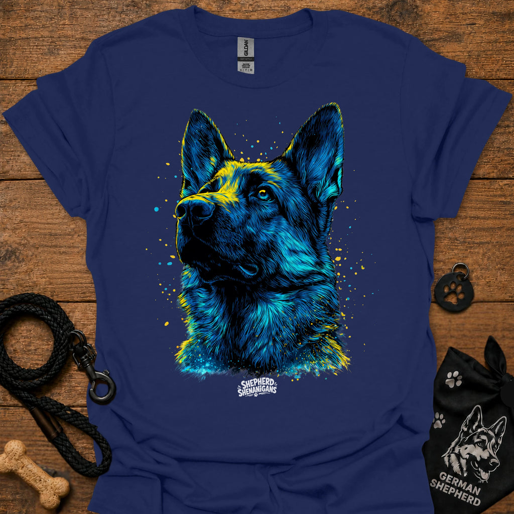Royal blue graphic t-shirt with blue German shepherd portrait front print