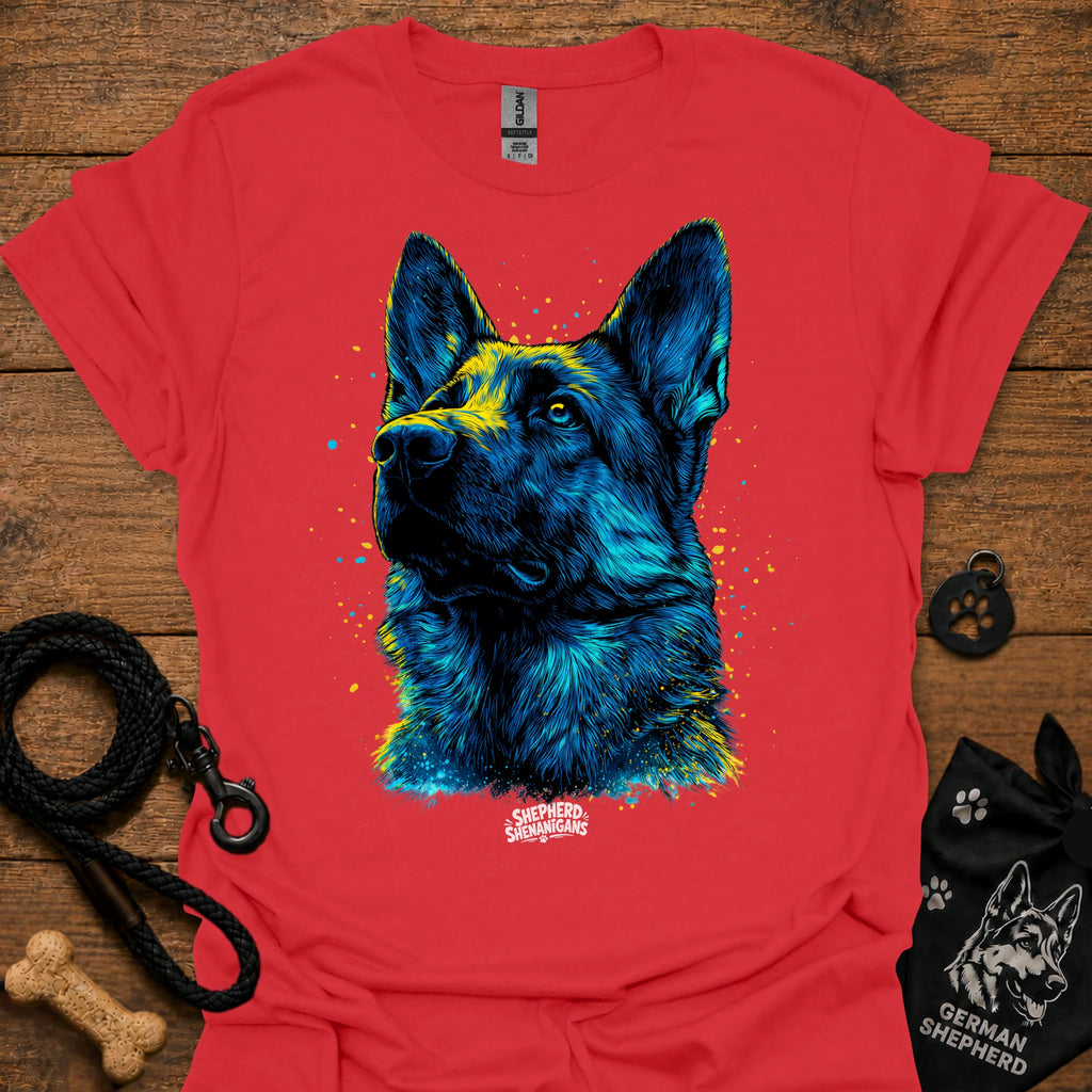 Red graphic t-shirt with blue German shepherd portrait front print