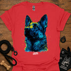 Red graphic t-shirt with blue German shepherd portrait front print