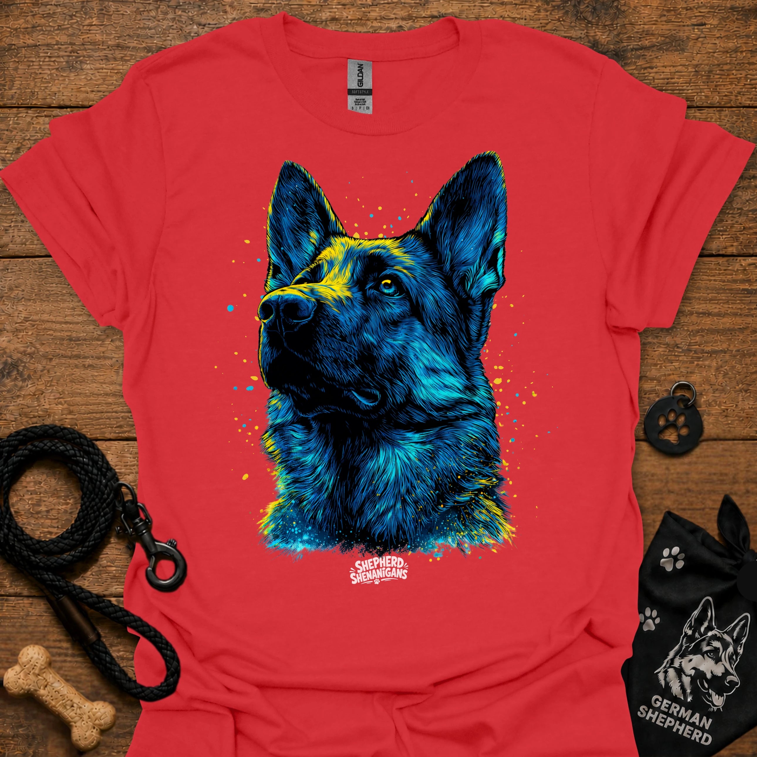 Red graphic t-shirt with blue German shepherd portrait front print