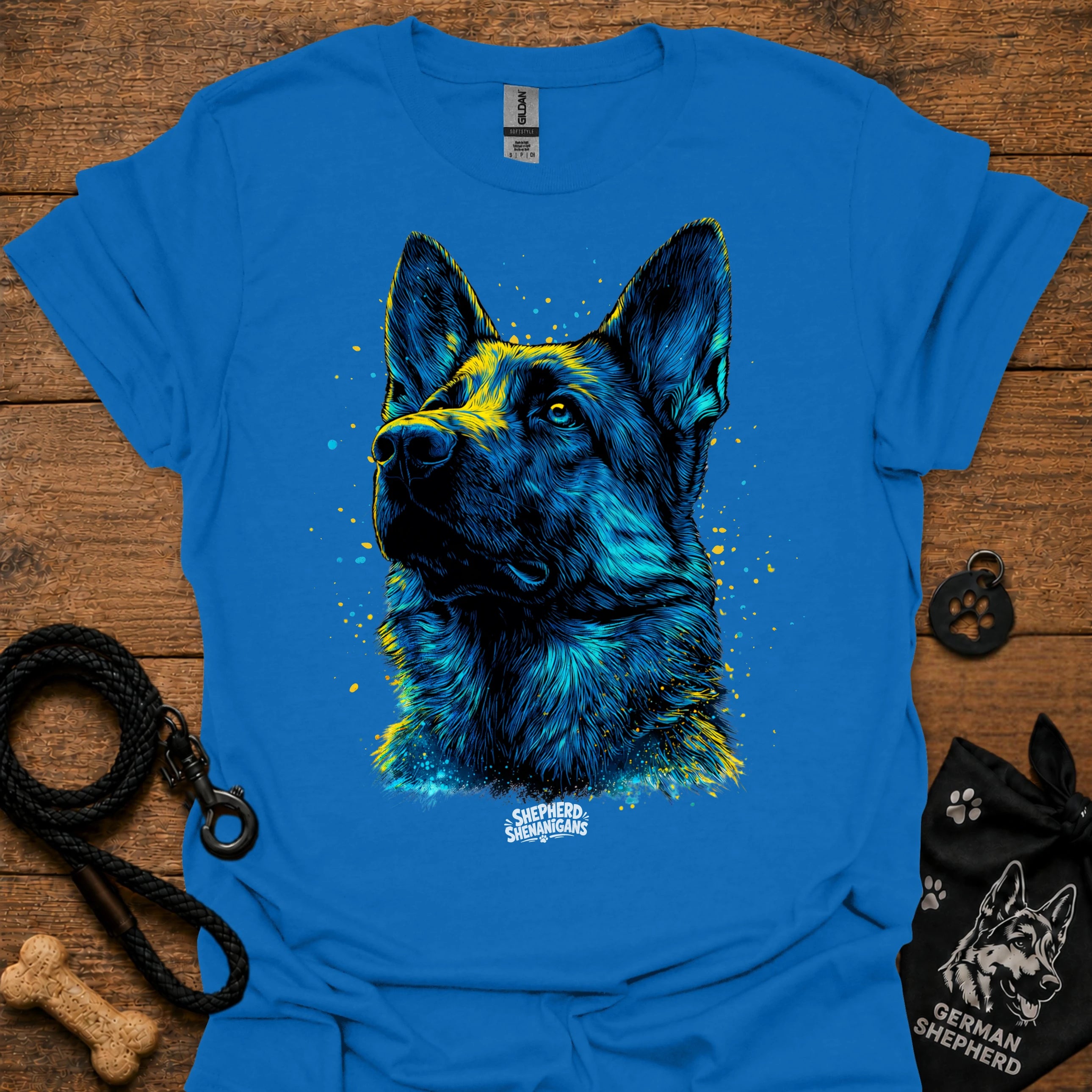 Blue graphic t-shirt with blue German shepherd portrait front print