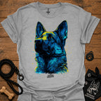 Heather gray graphic t-shirt with blue German shepherd portrait front print