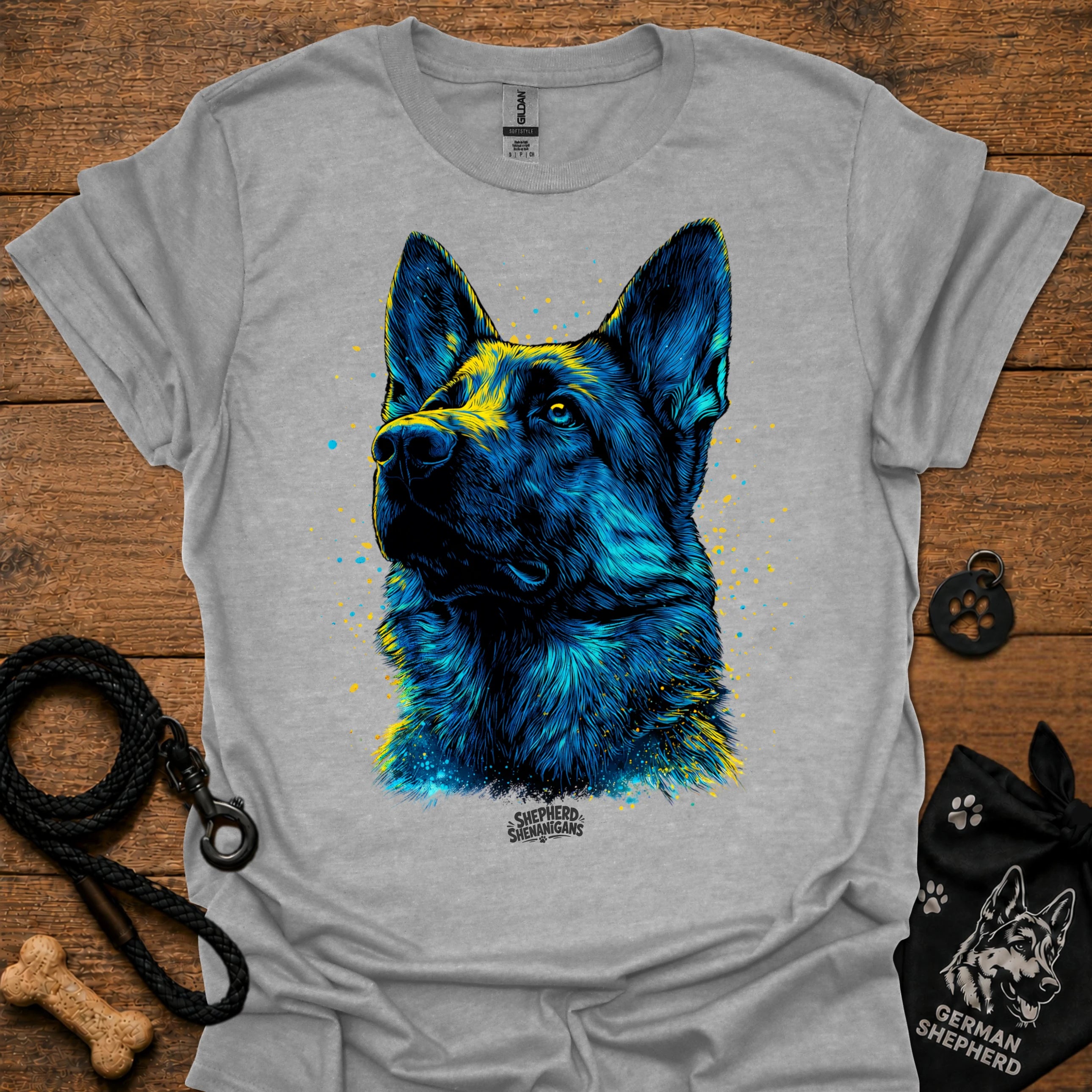 Heather gray graphic t-shirt with blue German shepherd portrait front print