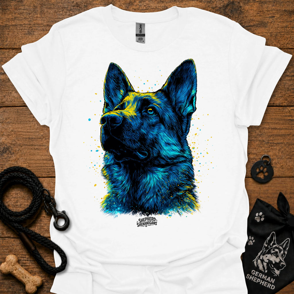 White graphic t-shirt with blue German shepherd portrait front print