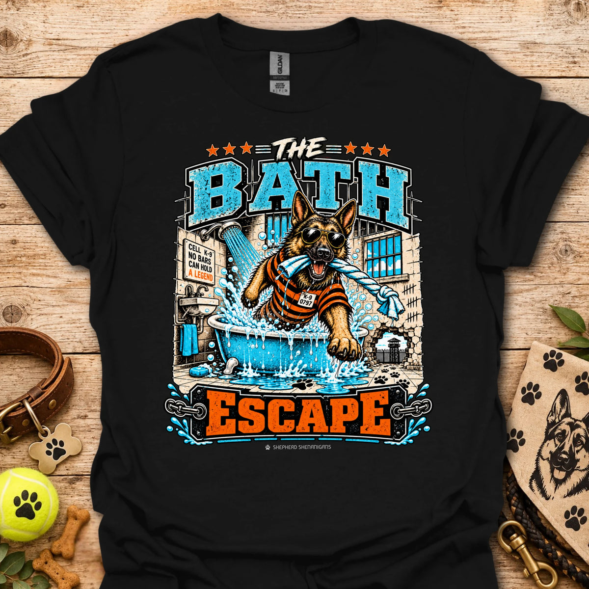 Black T-shirt with colorful dog bathing pool graphic and “The Bath Escape” text