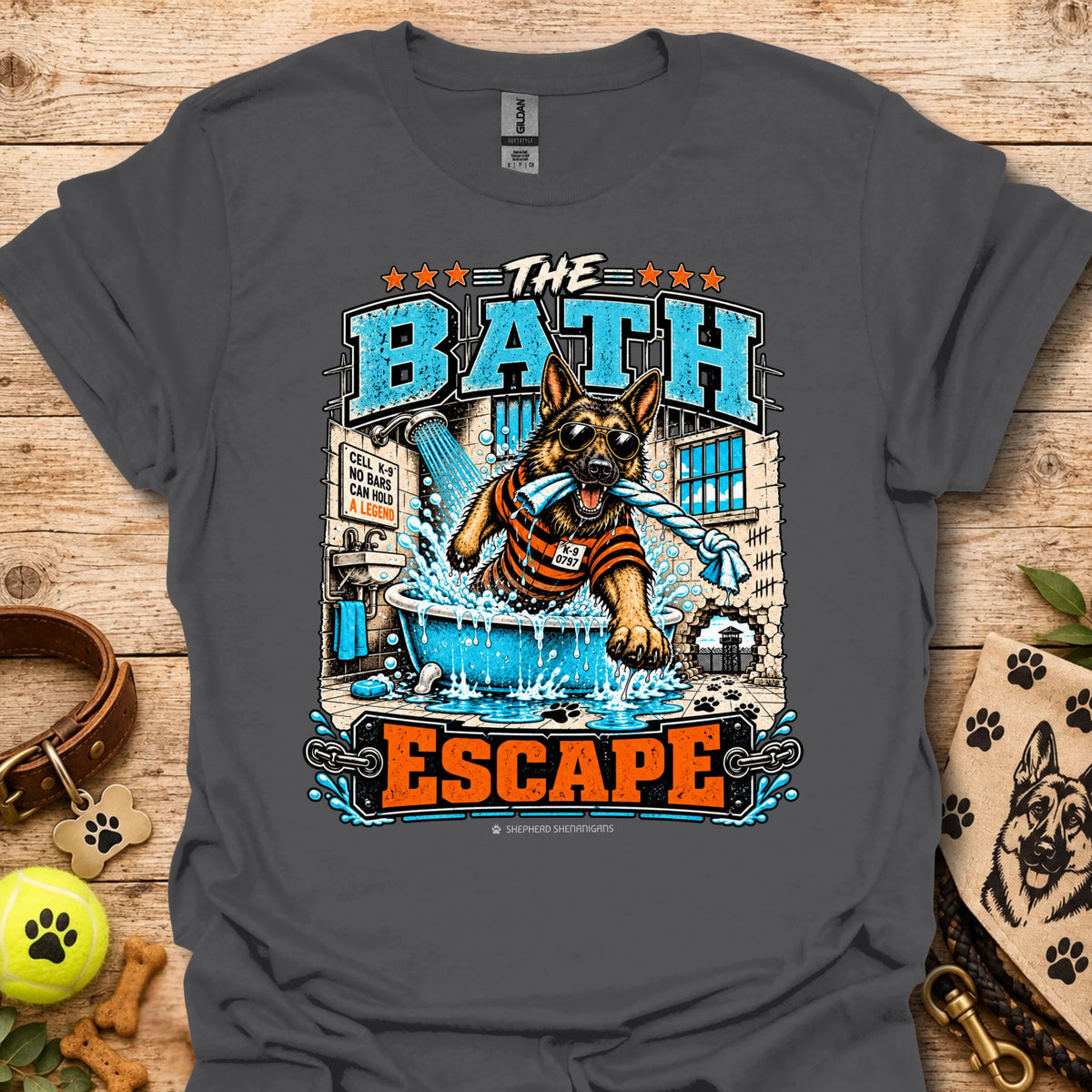 Charcoal T-shirt with dog bathing pool graphic and “The Bath Escape” text