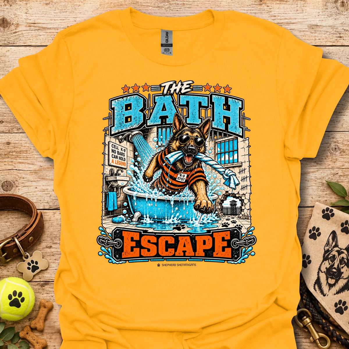 Gold T-shirt with dog bathing pool graphic and “The Bath Escape” text