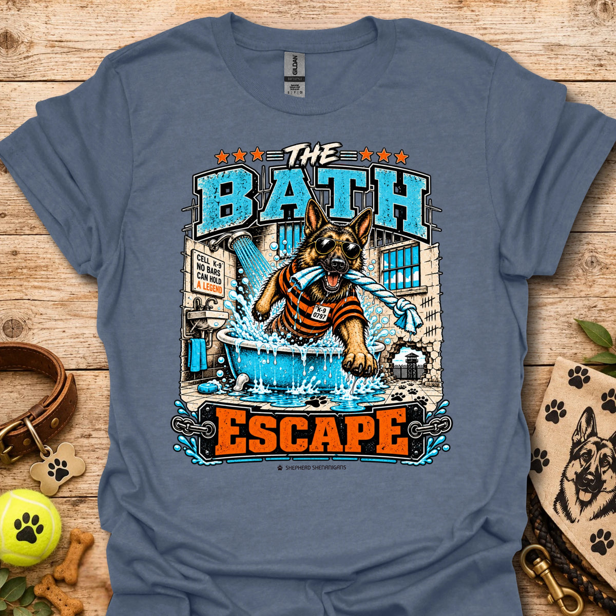 Heather indigo T-shirt with dog bathing pool graphic and “The Bath Escape” text