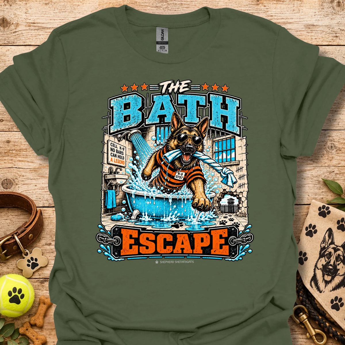 Military green T-shirt with dog bathing pool graphic and “The Bath Escape” text