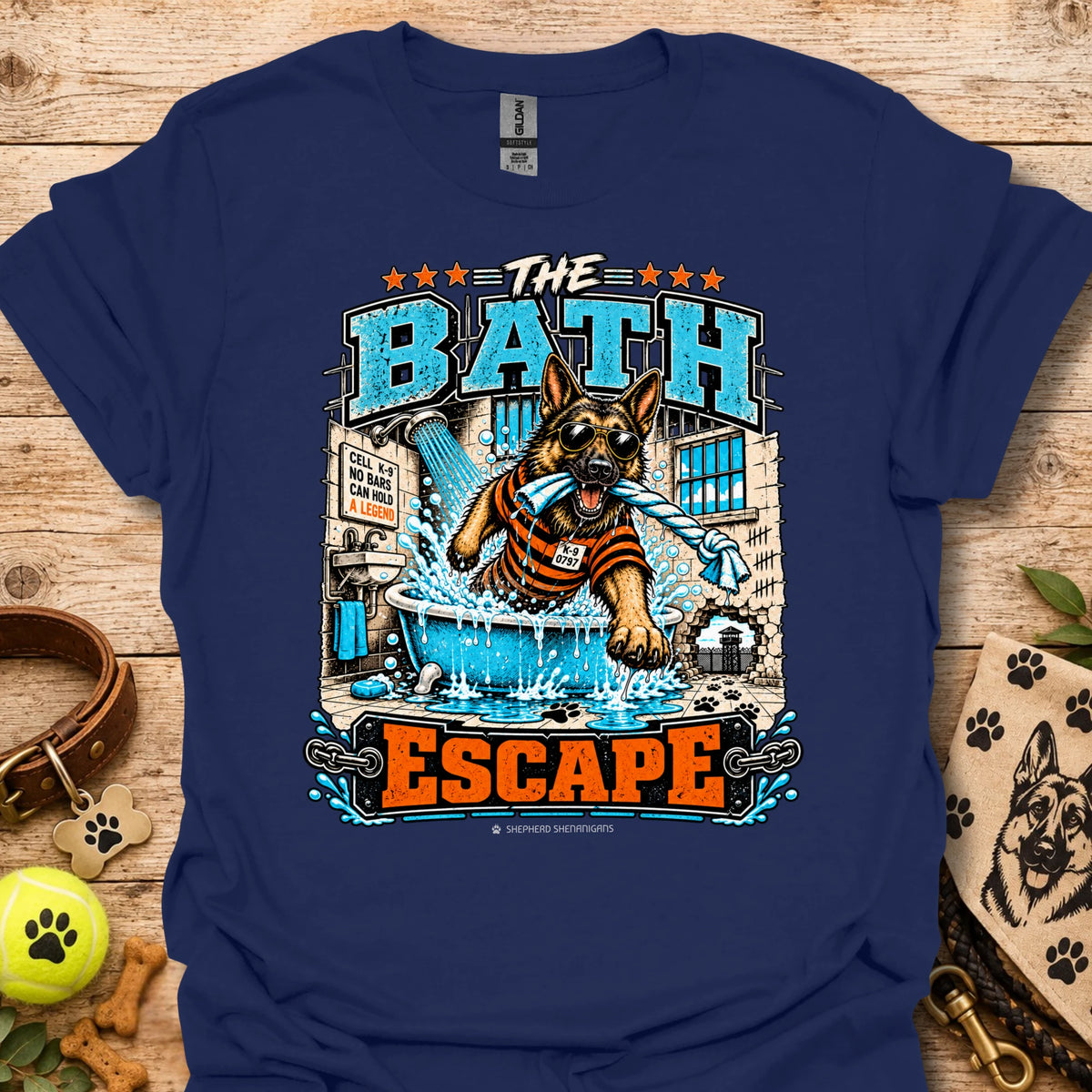 Navy T-shirt with dog bathing pool graphic and “The Bath Escape” text