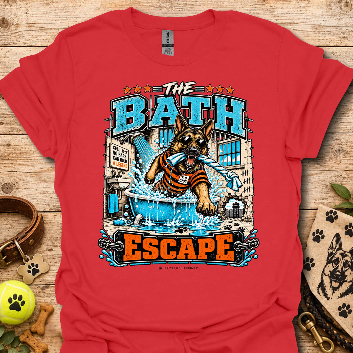 Red T-shirt with dog bathing pool graphic and “The Bath Escape” text