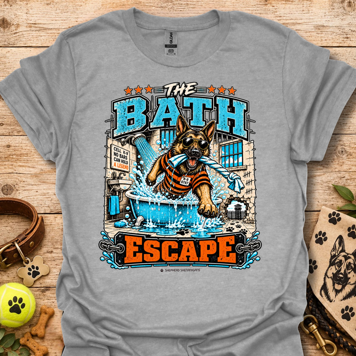 Sport grey T-shirt with dog bathing pool graphic and “The Bath Escape” text