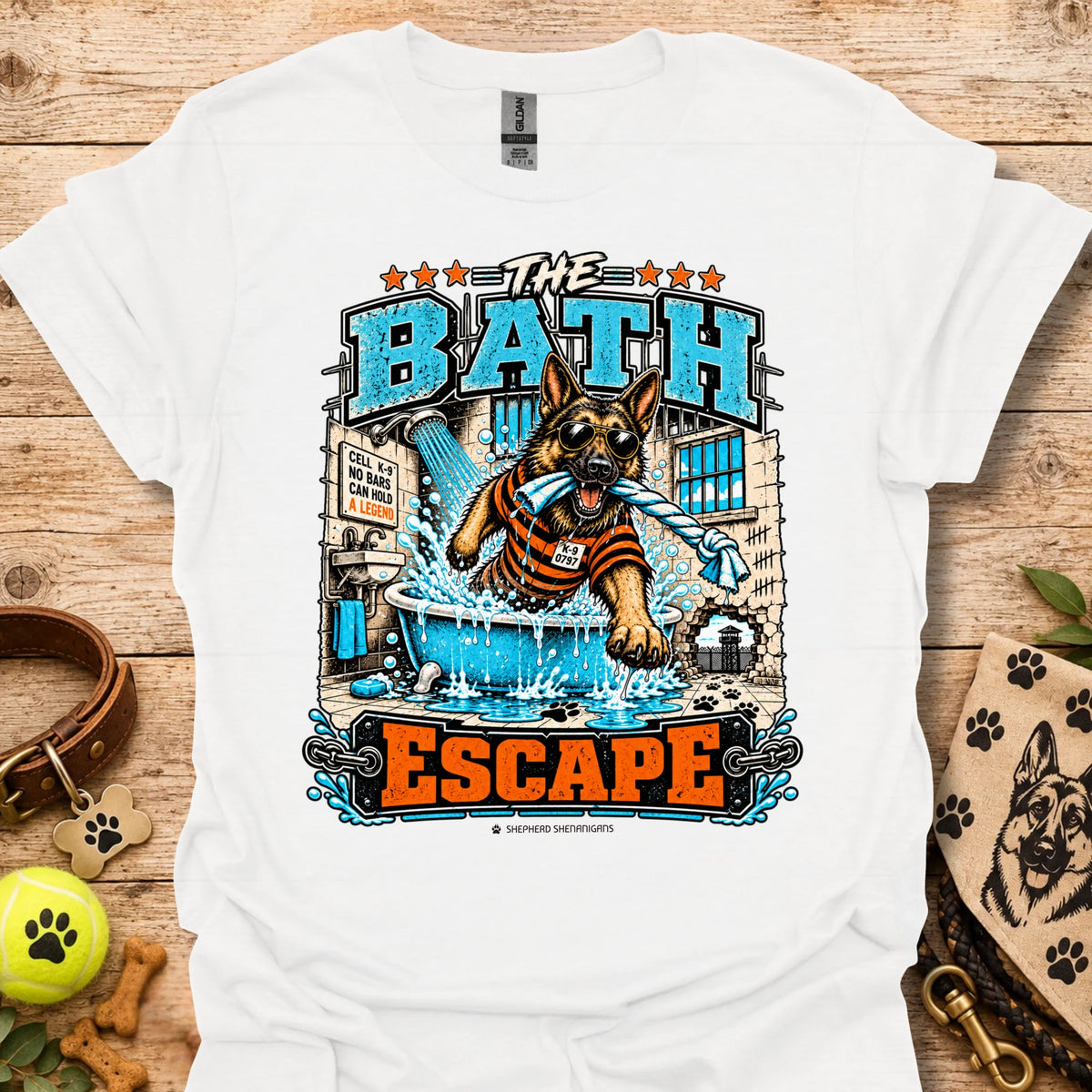 White T-shirt with dog bathing pool graphic and “The Bath Escape” text