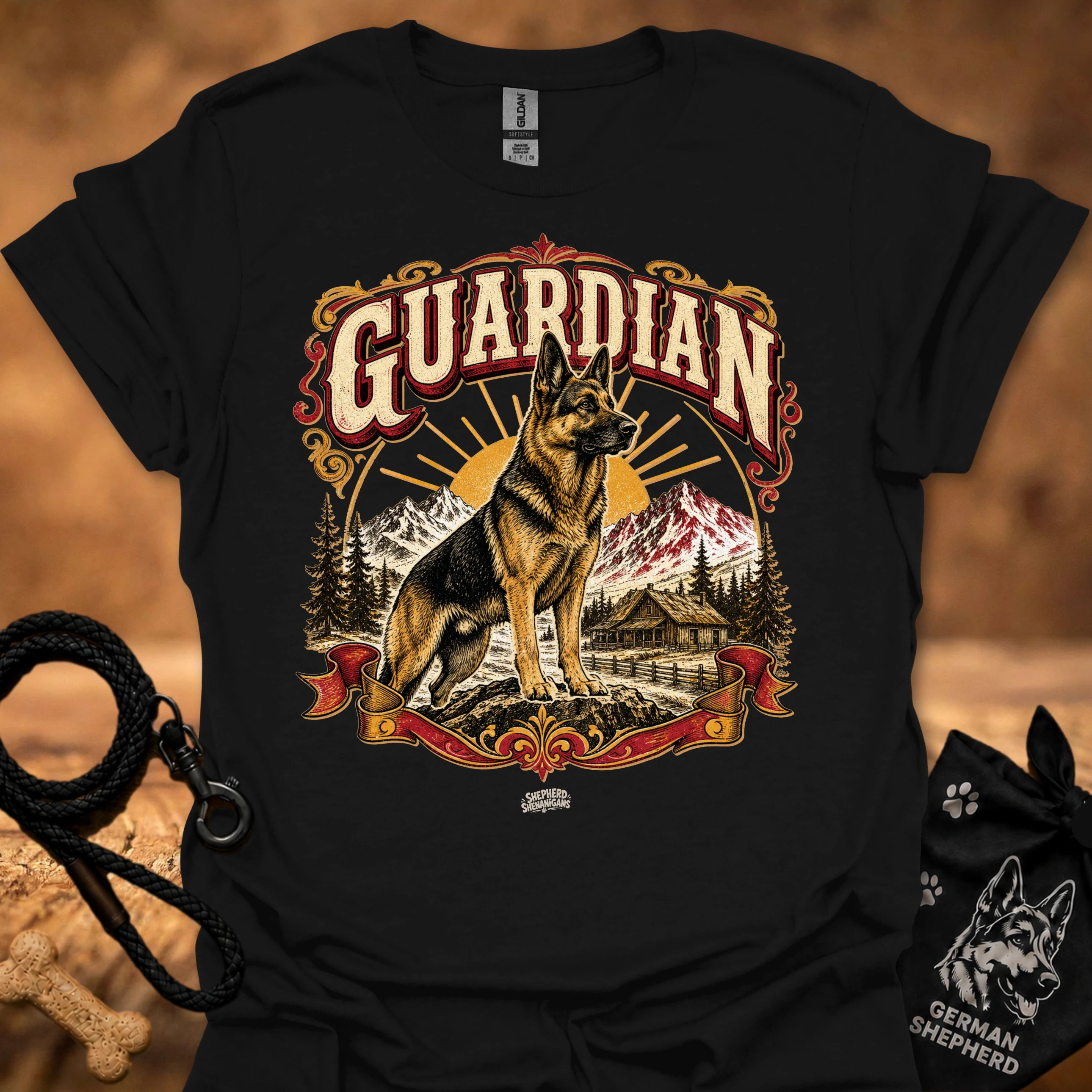 Black T-shirt with large German shepherd graphic and GUARDIAN text