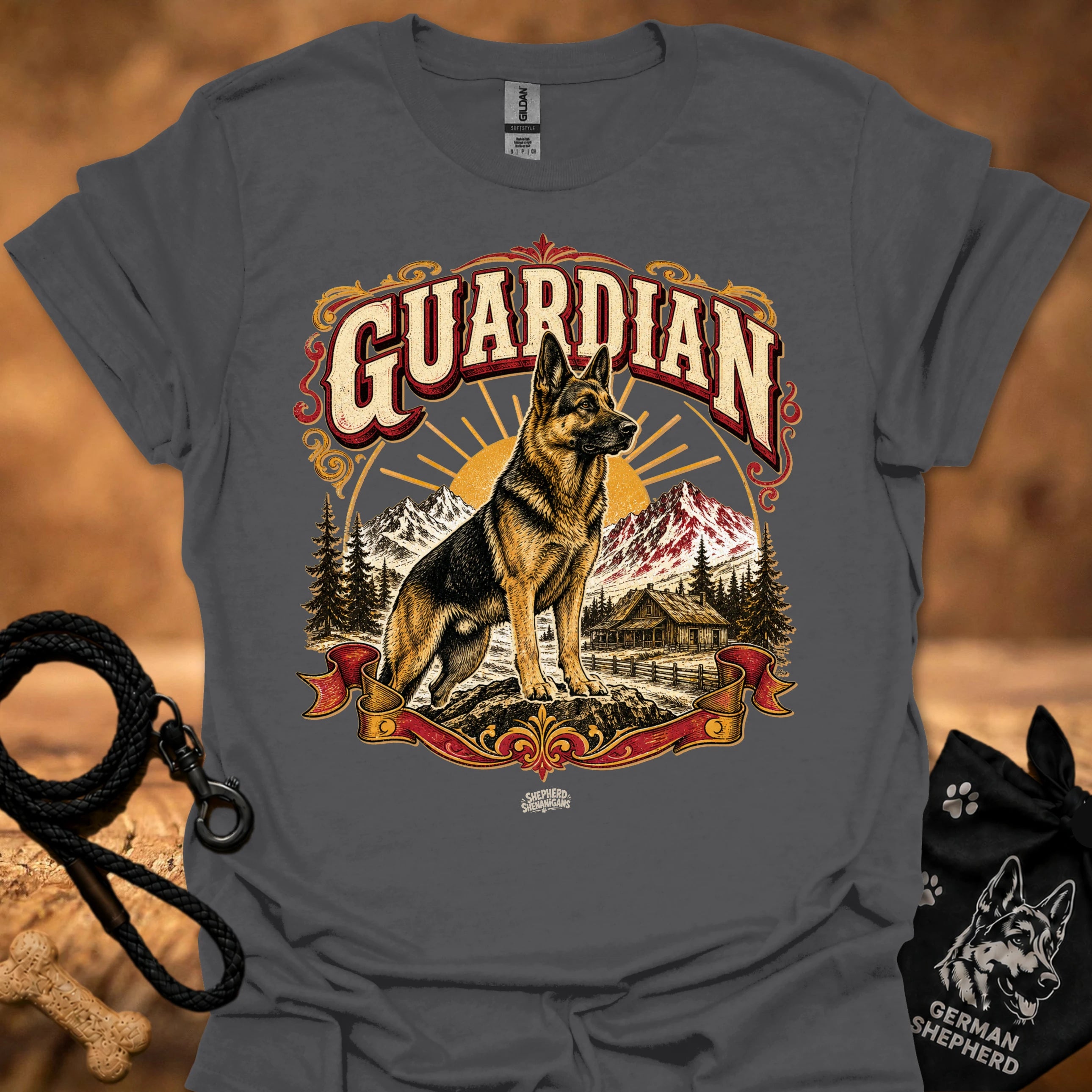 Charcoal T-shirt with large German shepherd graphic and GUARDIAN text