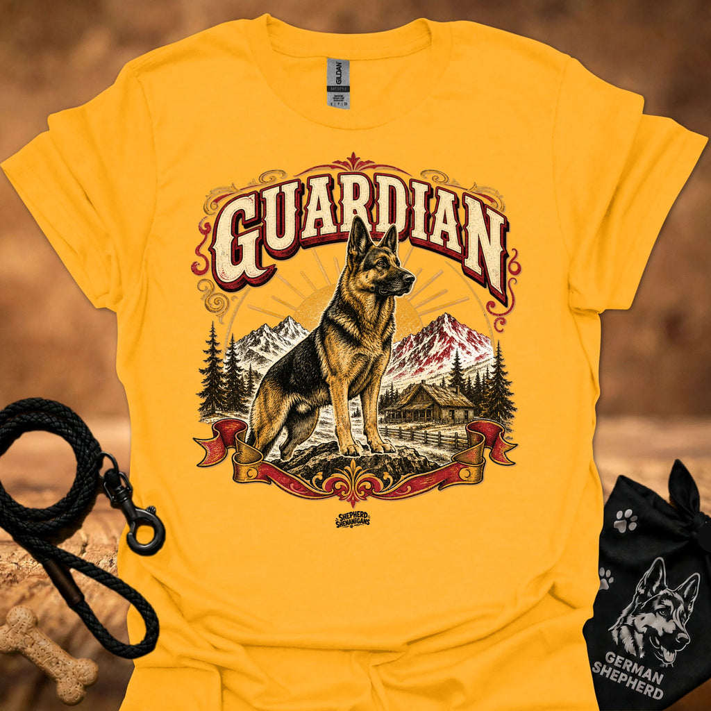 Gold T-shirt with large German shepherd graphic and GUARDIAN text