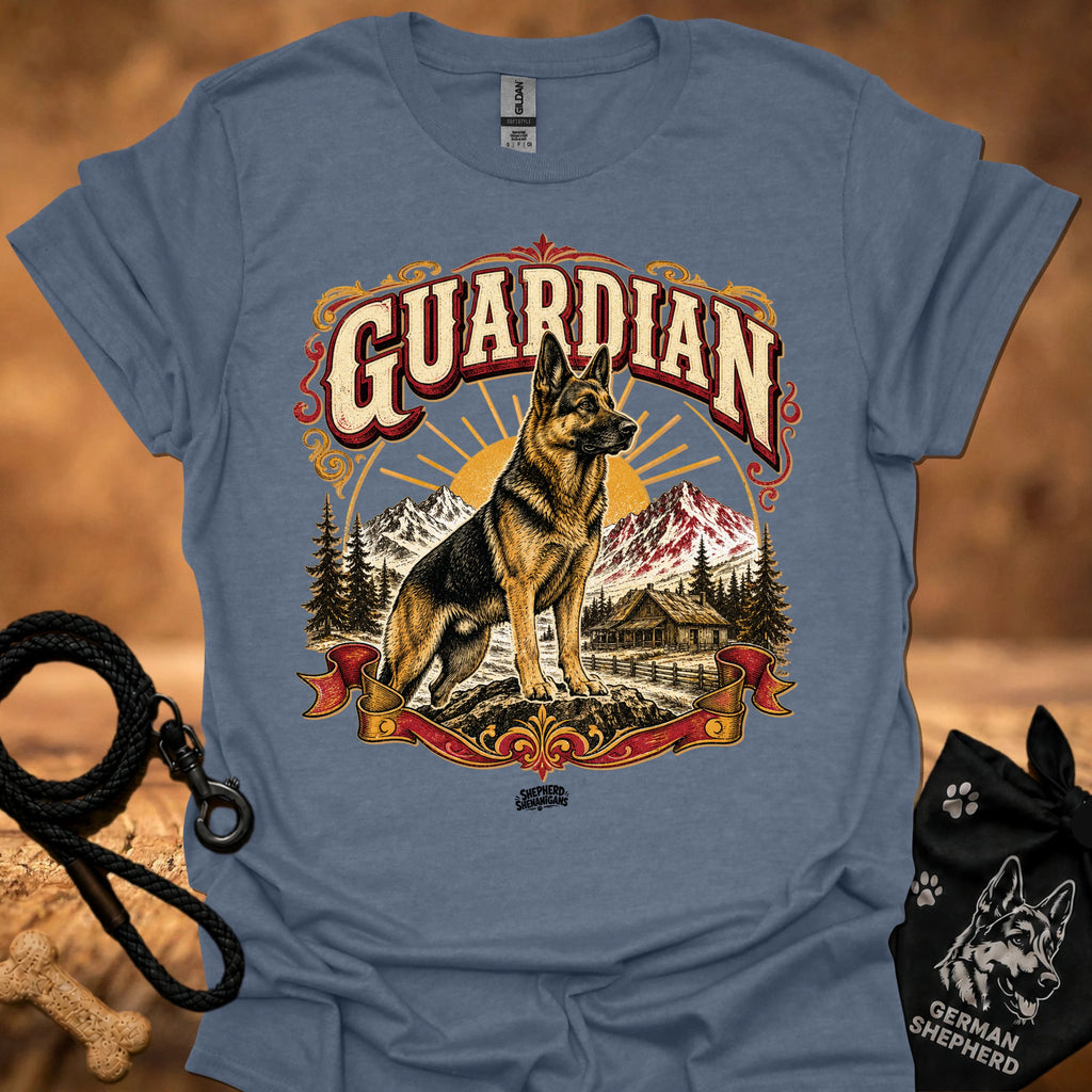 Heather indigo T-shirt with large German shepherd graphic and GUARDIAN text