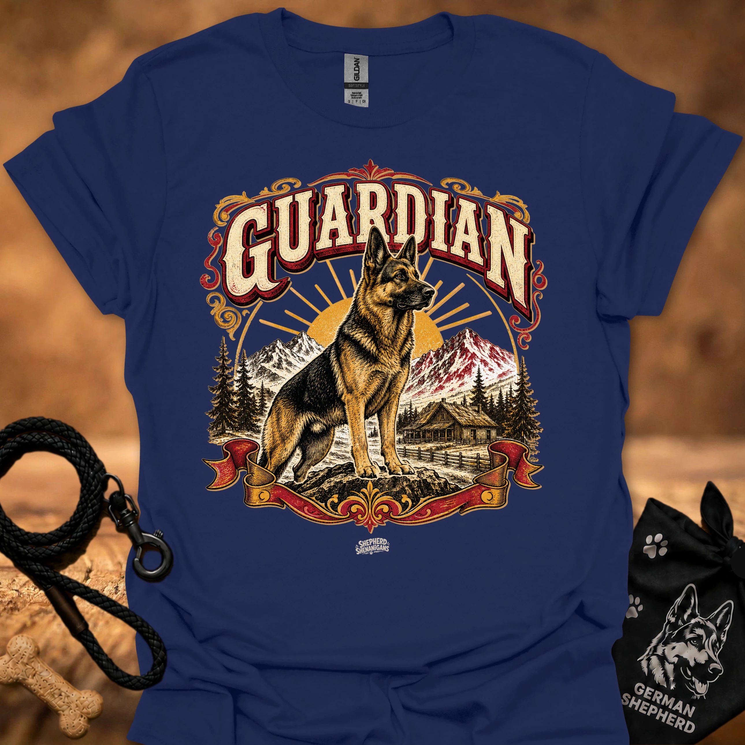 Navy T-shirt with large German shepherd graphic and GUARDIAN text