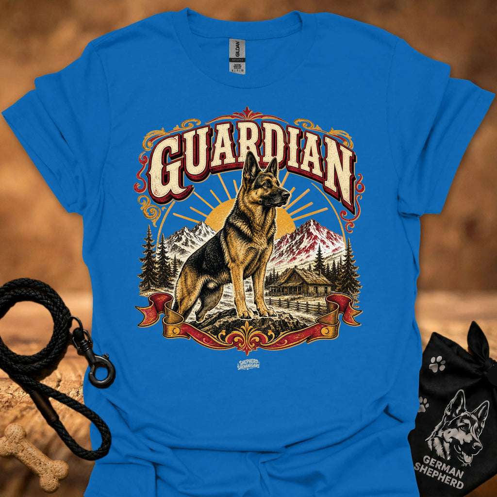 Royal blue T-shirt with large German shepherd graphic and GUARDIAN text