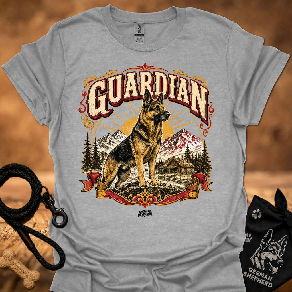 Heather gray T-shirt with large German shepherd graphic and GUARDIAN text
