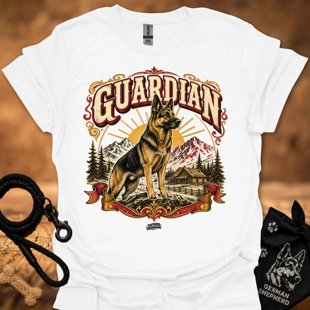 White T-shirt with large German shepherd graphic and GUARDIAN text