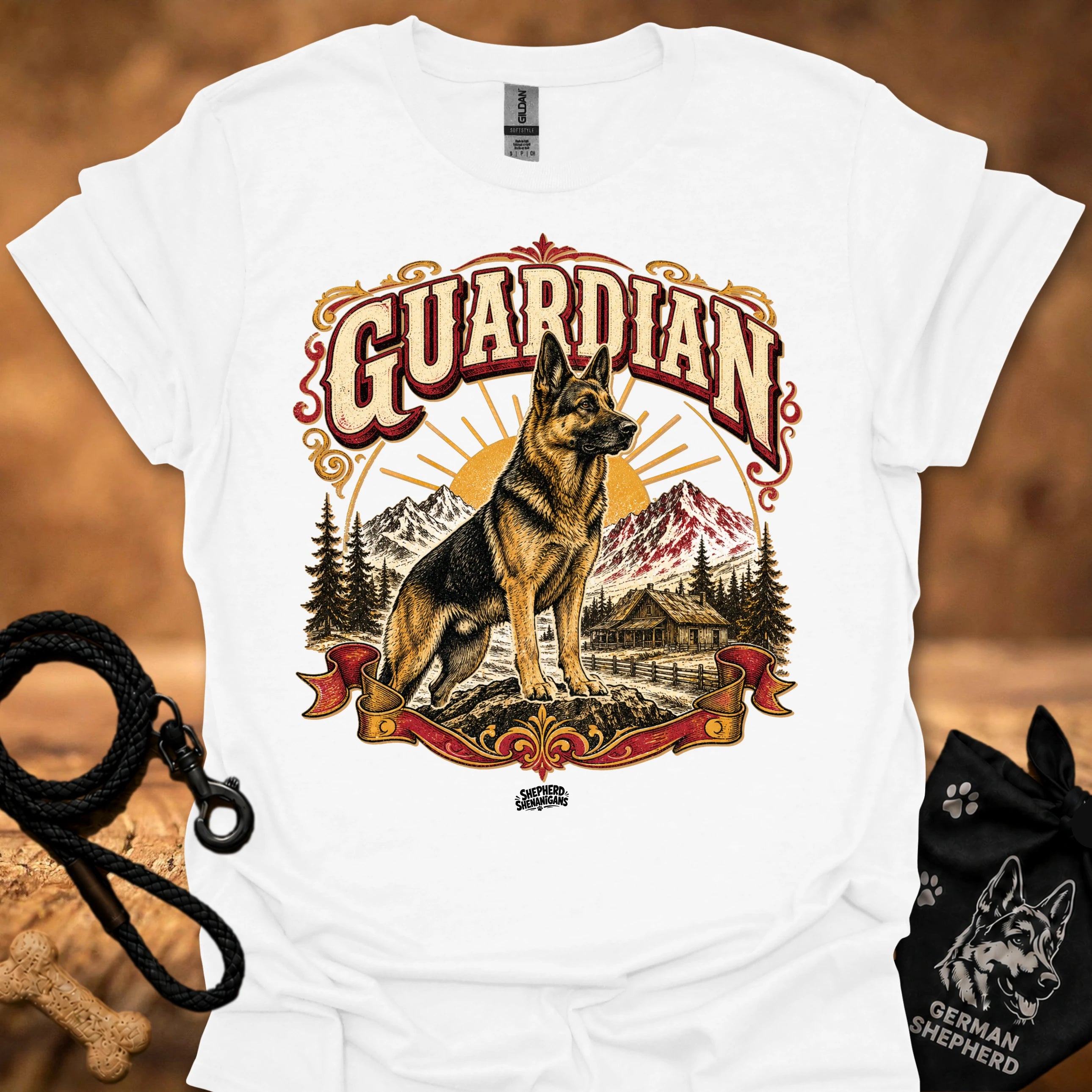 White T-shirt with large German shepherd graphic and GUARDIAN text