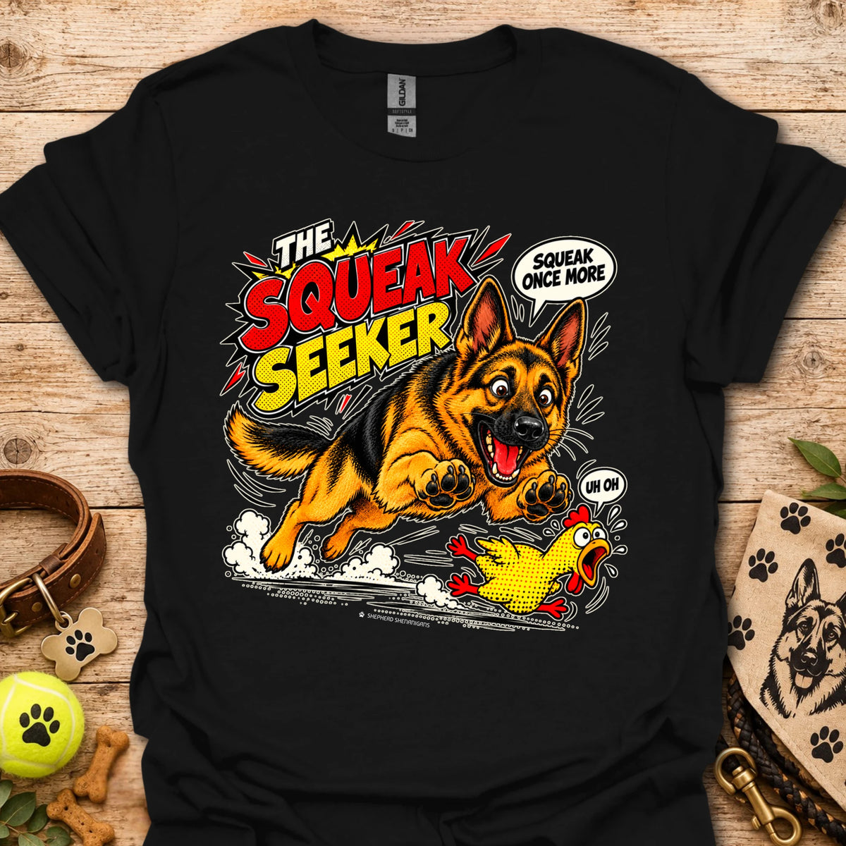 Black graphic dog T-shirt with cartoon "Squeak Seeker" front print