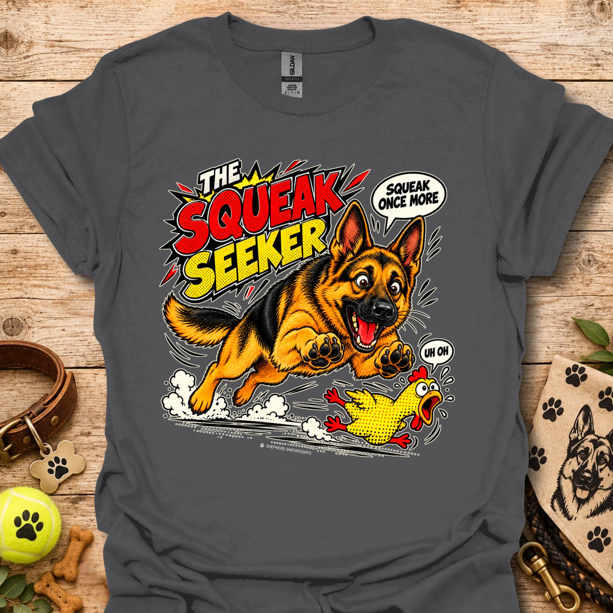 Charcoal graphic dog T-shirt with cartoon "Squeak Seeker" front print