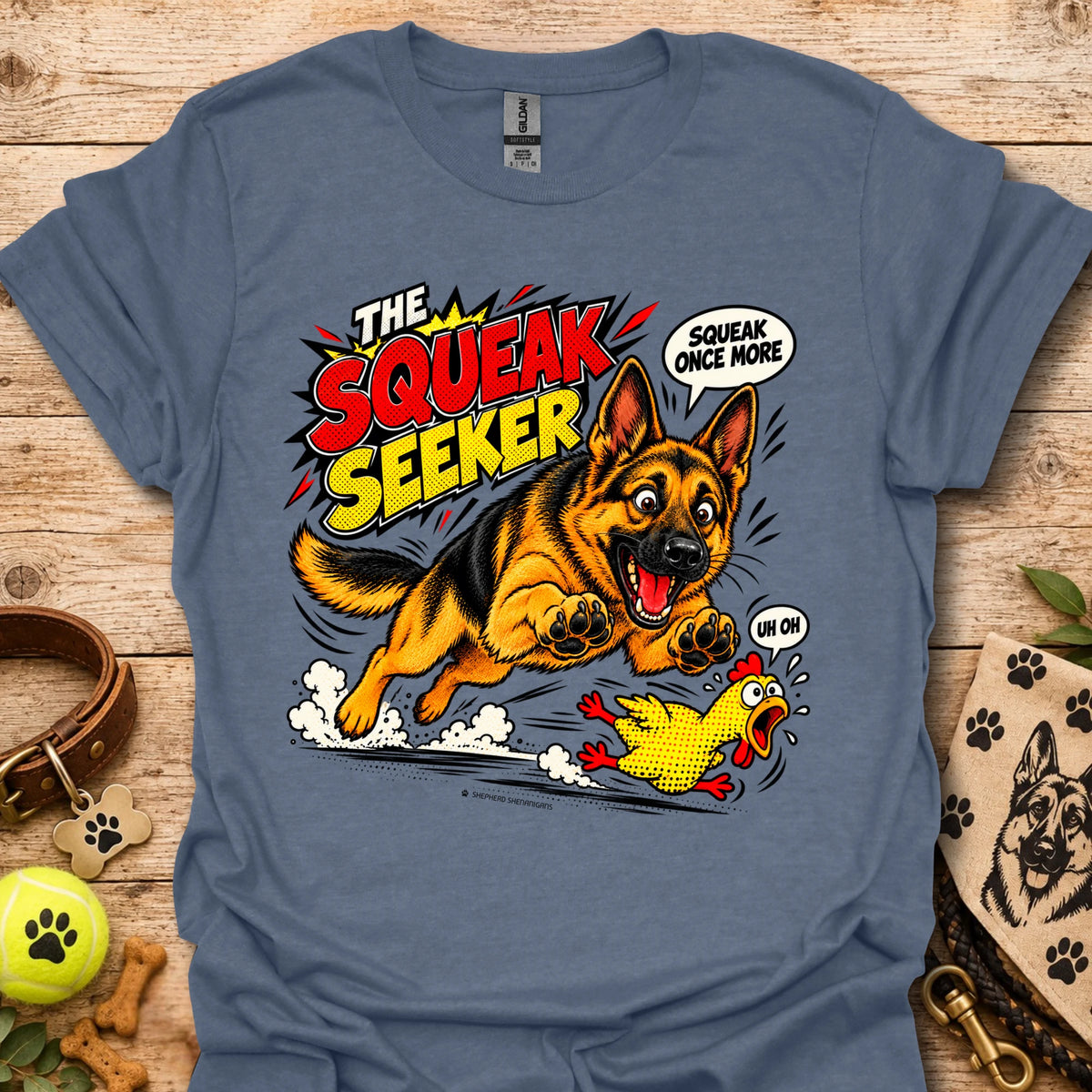 Heather indigo graphic dog T-shirt with cartoon "Squeak Seeker" front print