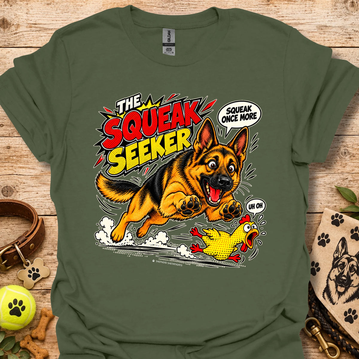 Military green graphic dog T-shirt with cartoon "Squeak Seeker" front print