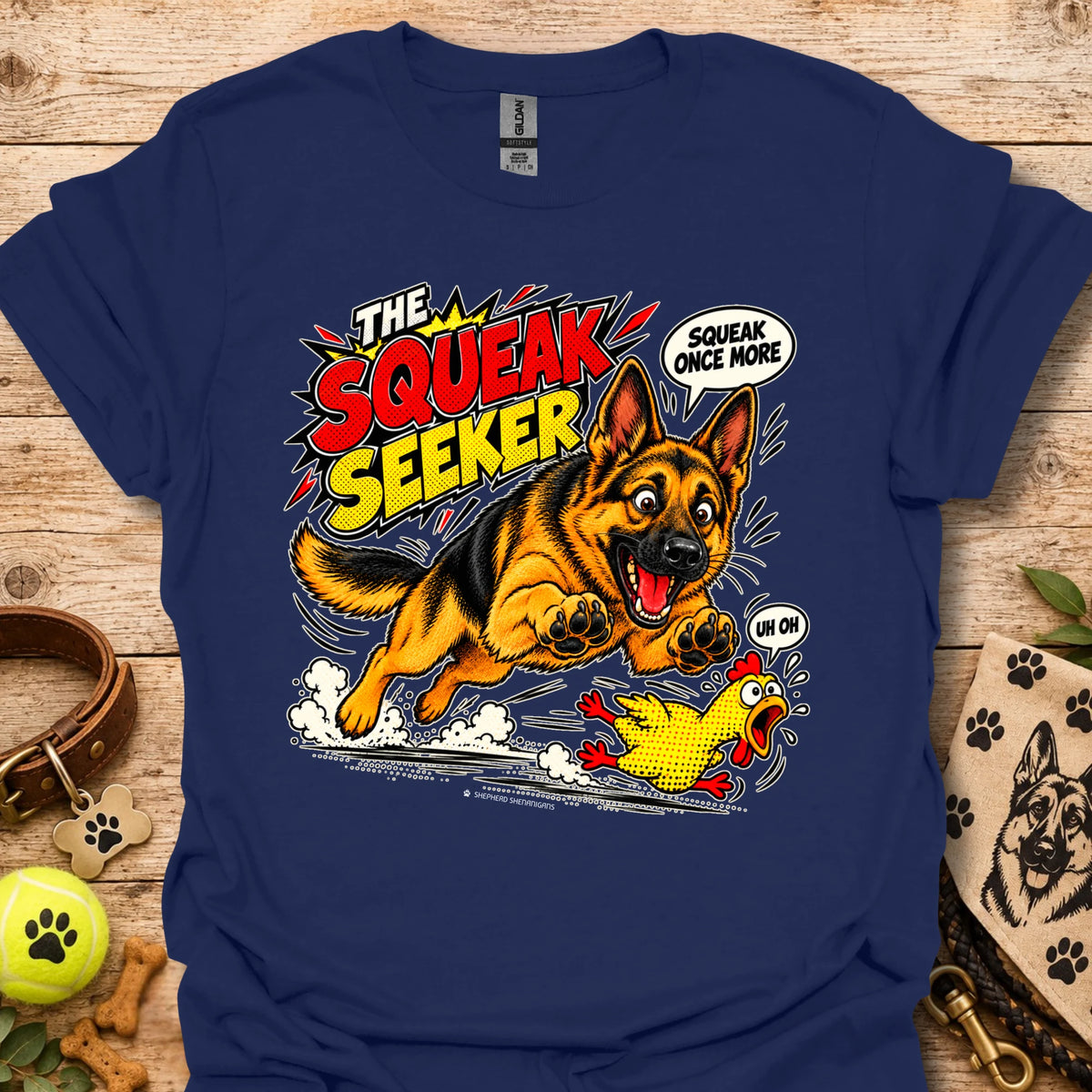 Navy graphic dog T-shirt with cartoon "Squeak Seeker" front print