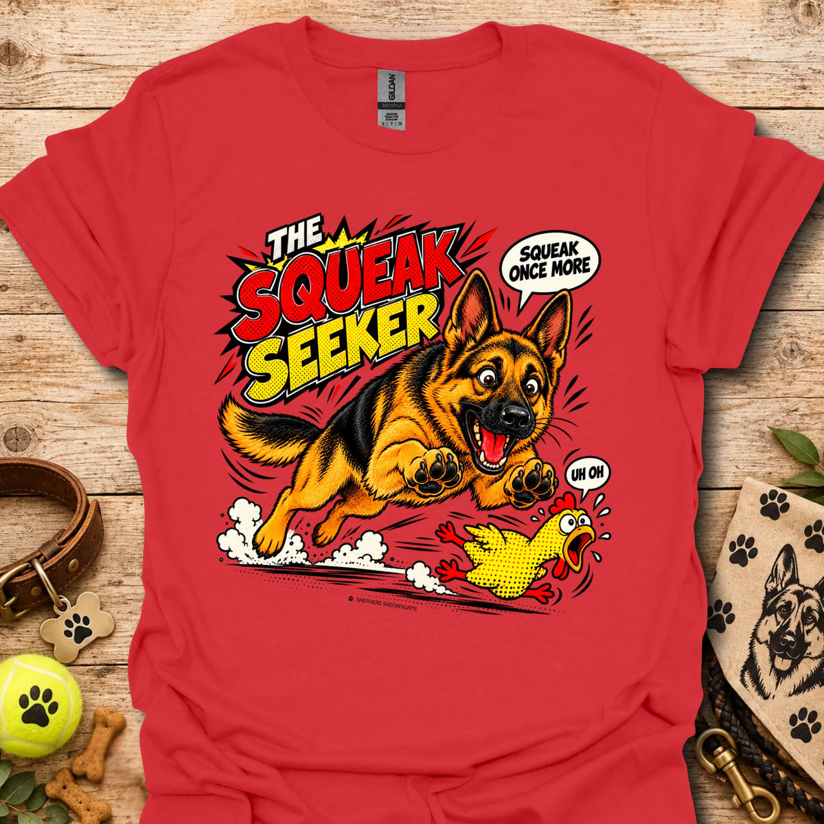 Red graphic dog T-shirt with cartoon "Squeak Seeker" front print