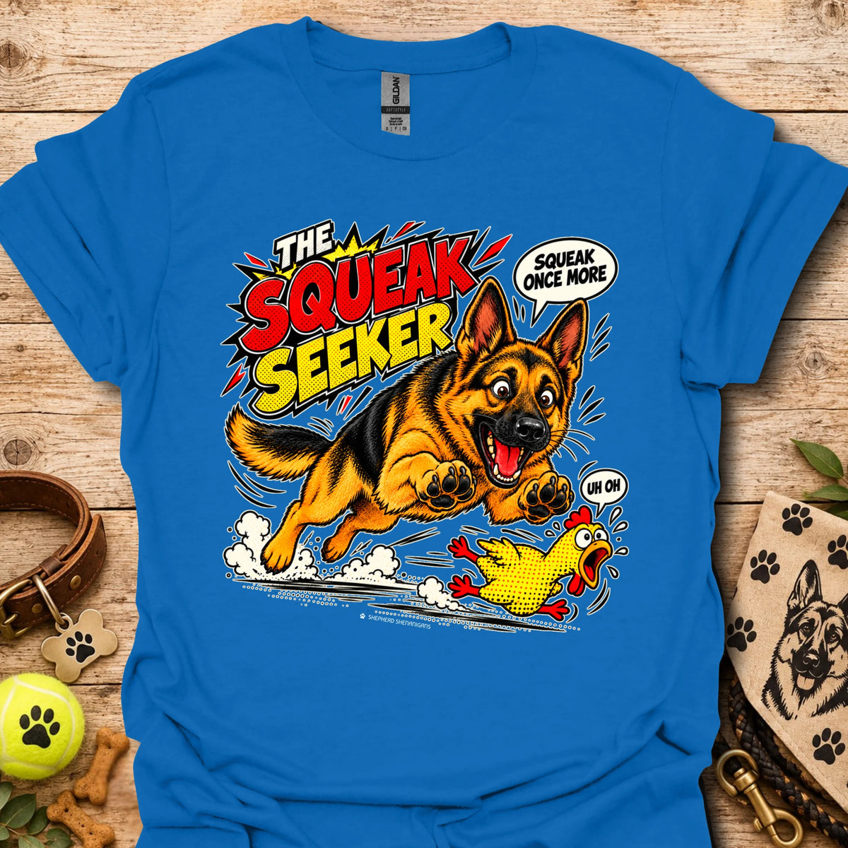 Royal blue graphic dog T-shirt with cartoon "Squeak Seeker" front print