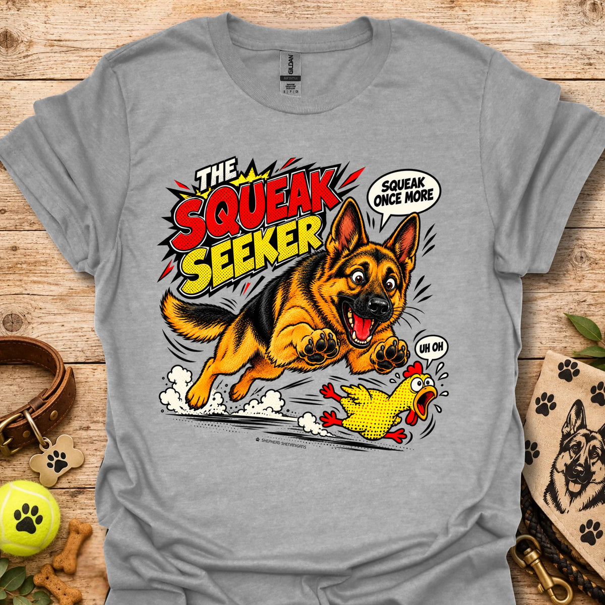 Sport grey graphic dog T-shirt with cartoon "Squeak Seeker" front print
