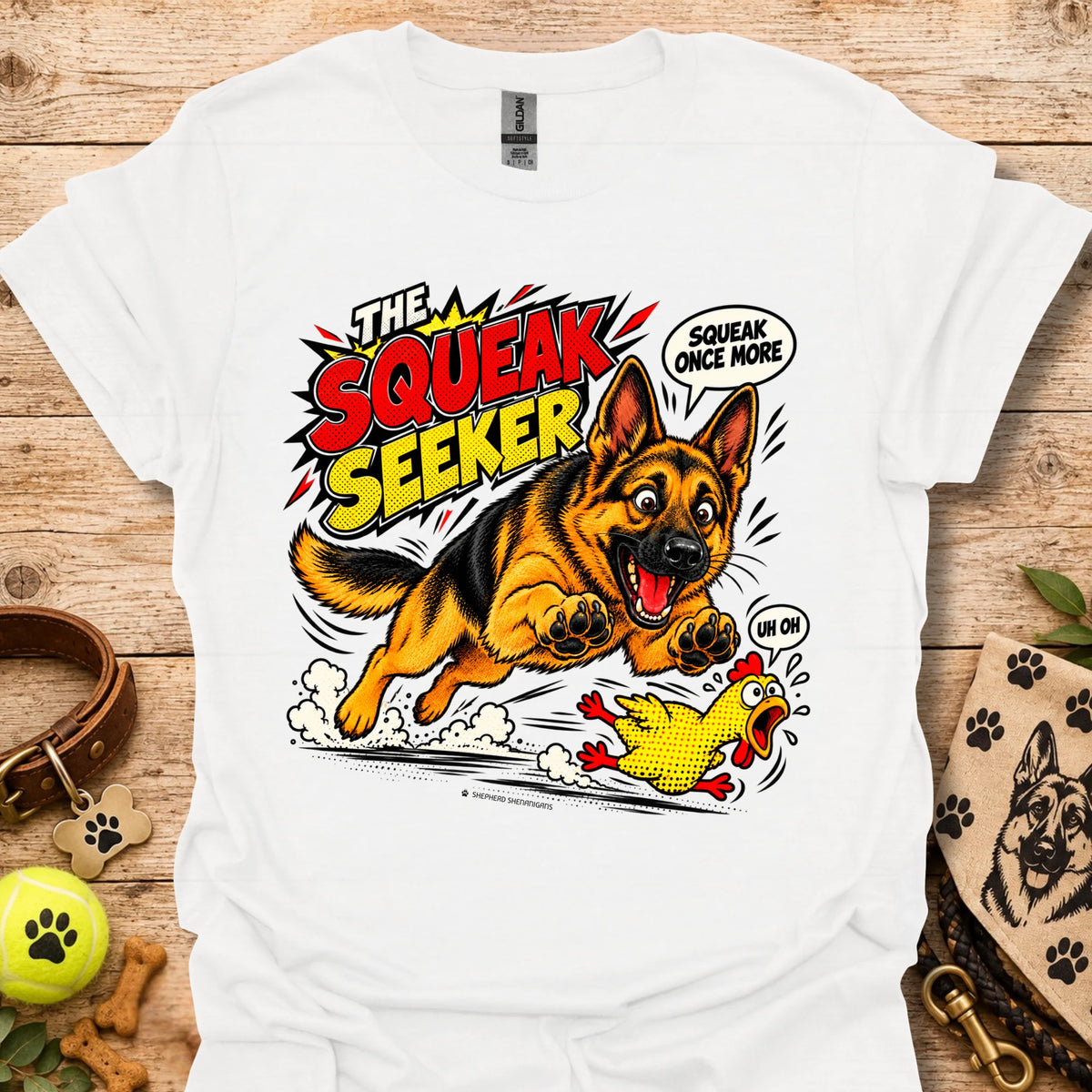 White graphic dog T-shirt with cartoon "Squeak Seeker" front print