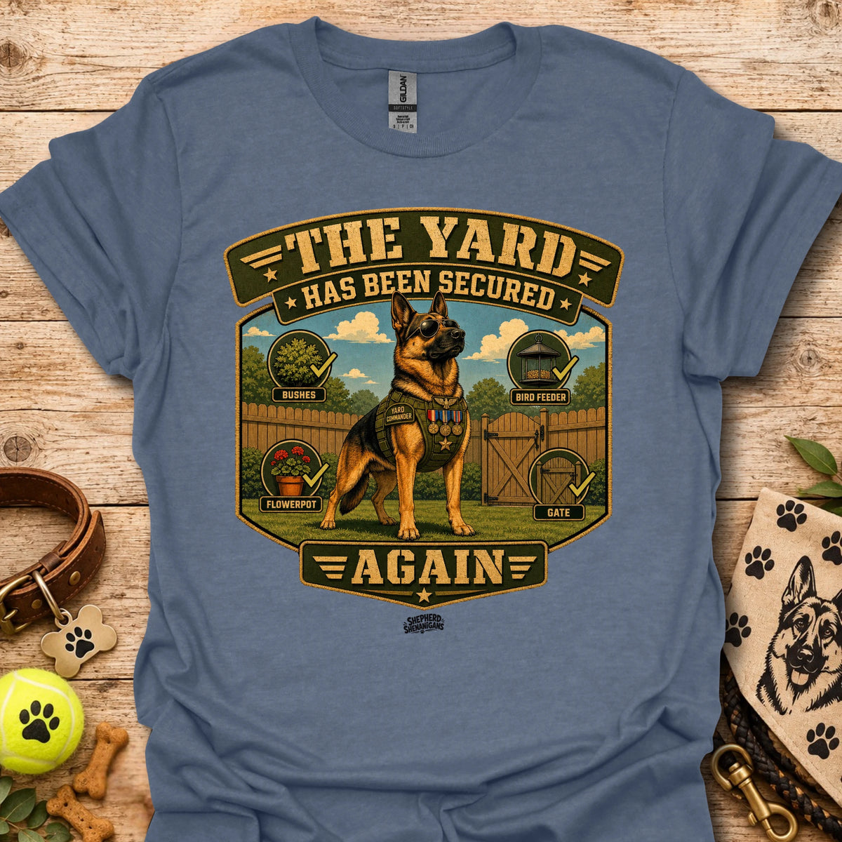 Dog graphic short-sleeve t-shirt in slate blue, front crest print