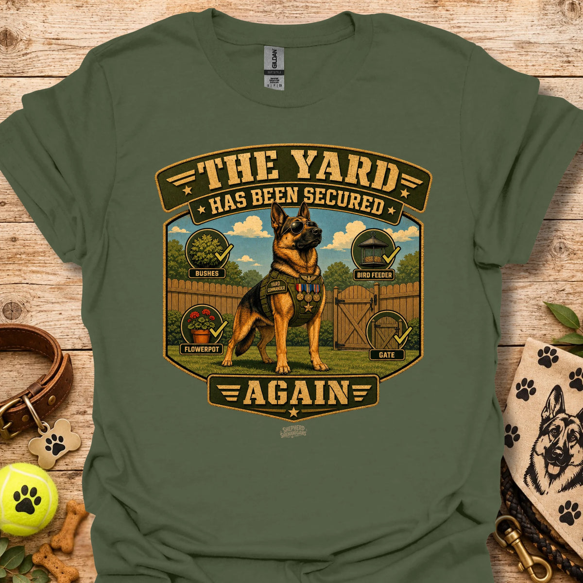 Dog graphic short-sleeve t-shirt in military green, front crest print