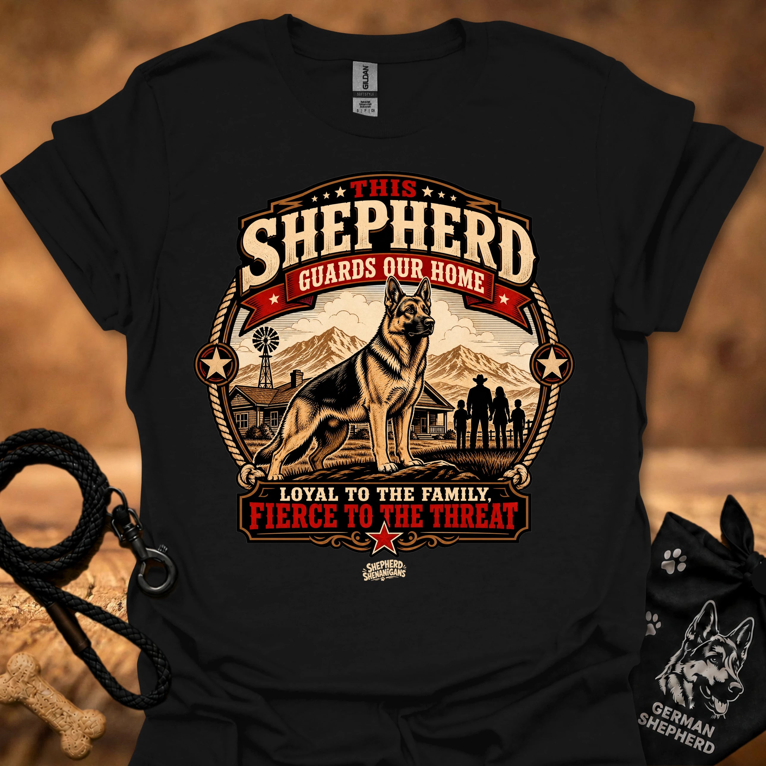 Black crew neck T-shirt with bold shepherd house emblem graphic