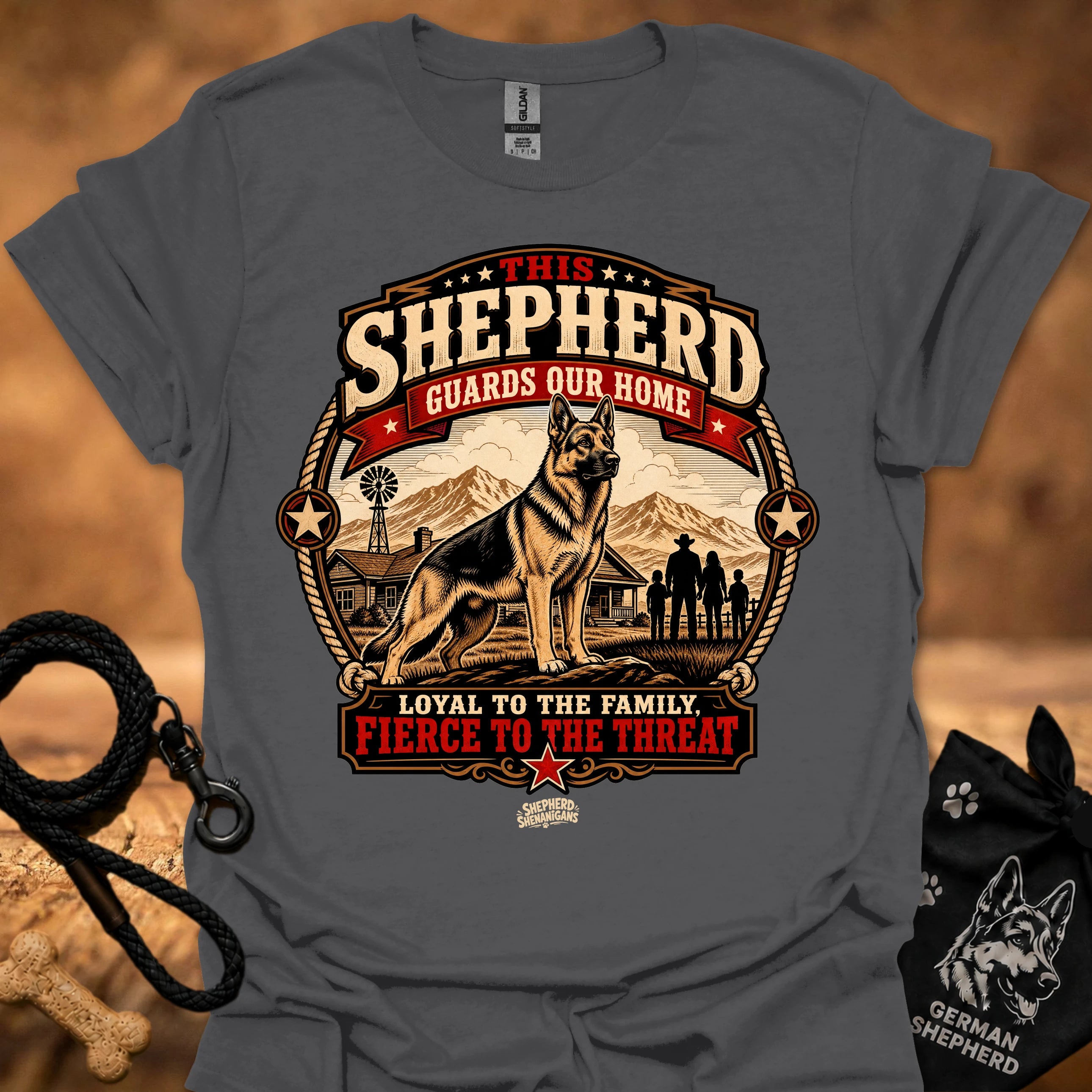 Charcoal crew neck T-shirt with bold shepherd house emblem graphic