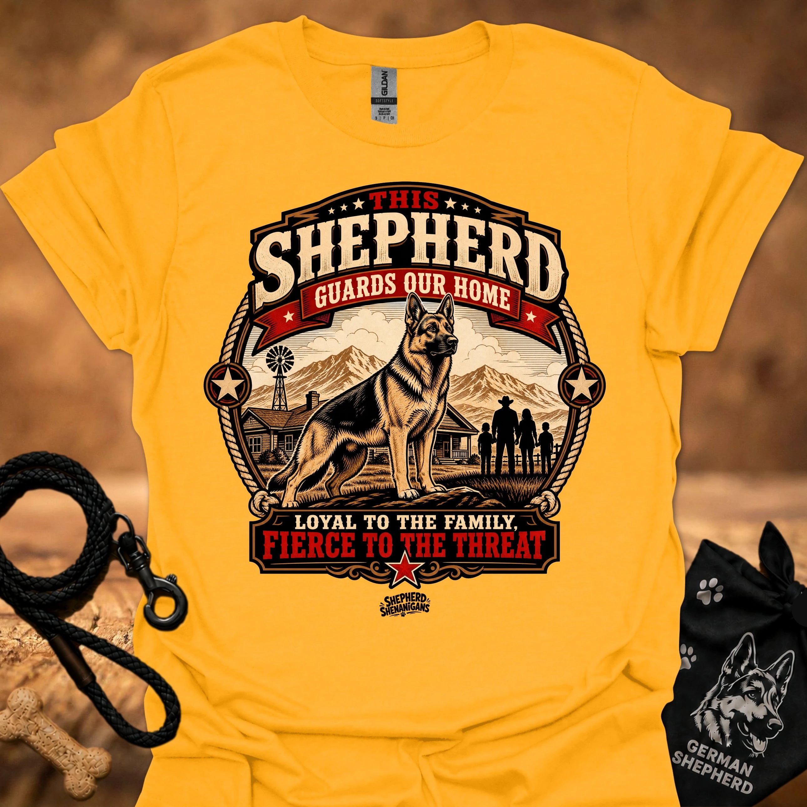 Gold crew neck T-shirt with bold shepherd house emblem graphic