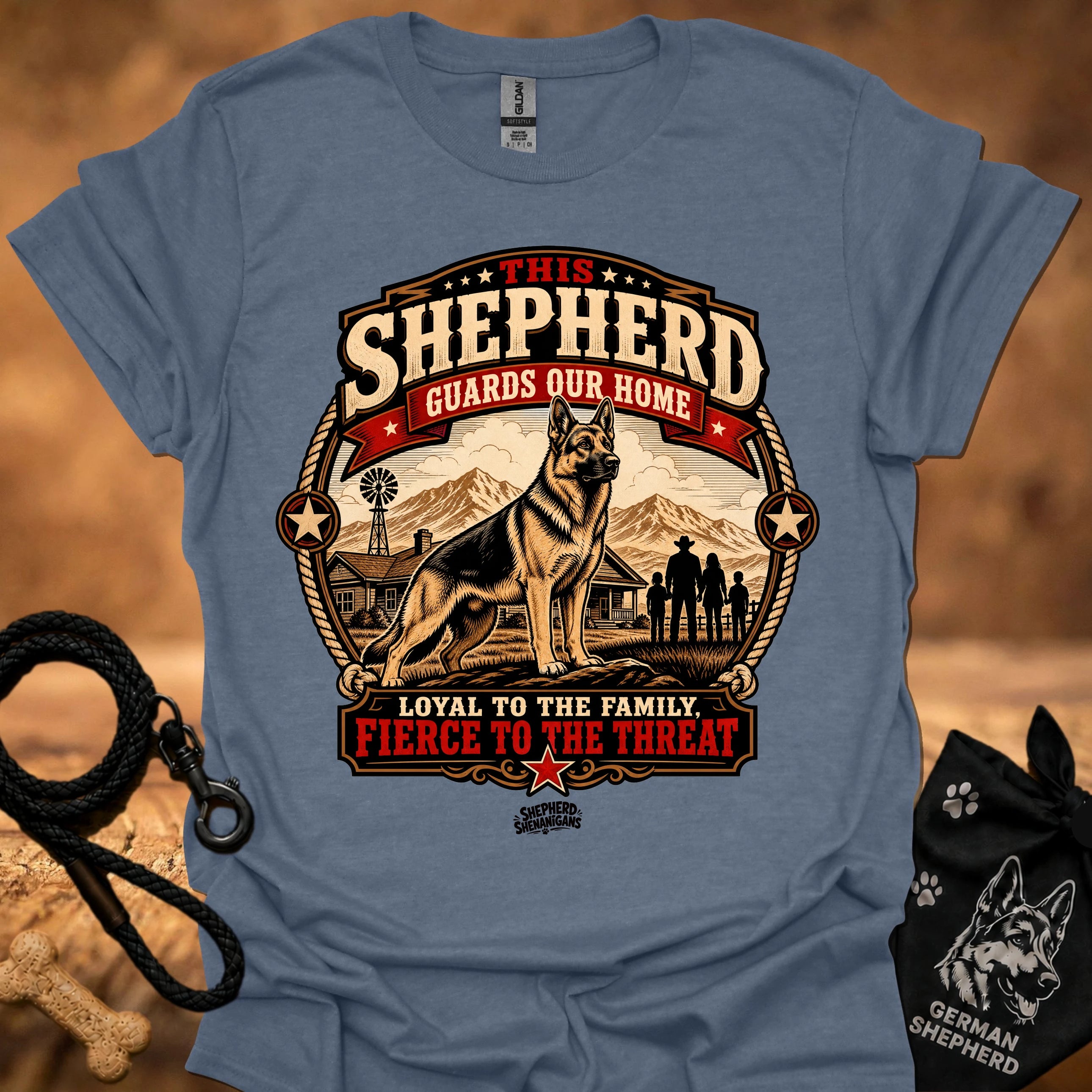 Heather indigo crew neck T-shirt with large shepherd house emblem graphic