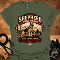 Military green crew neck T-shirt with large shepherd house emblem graphic