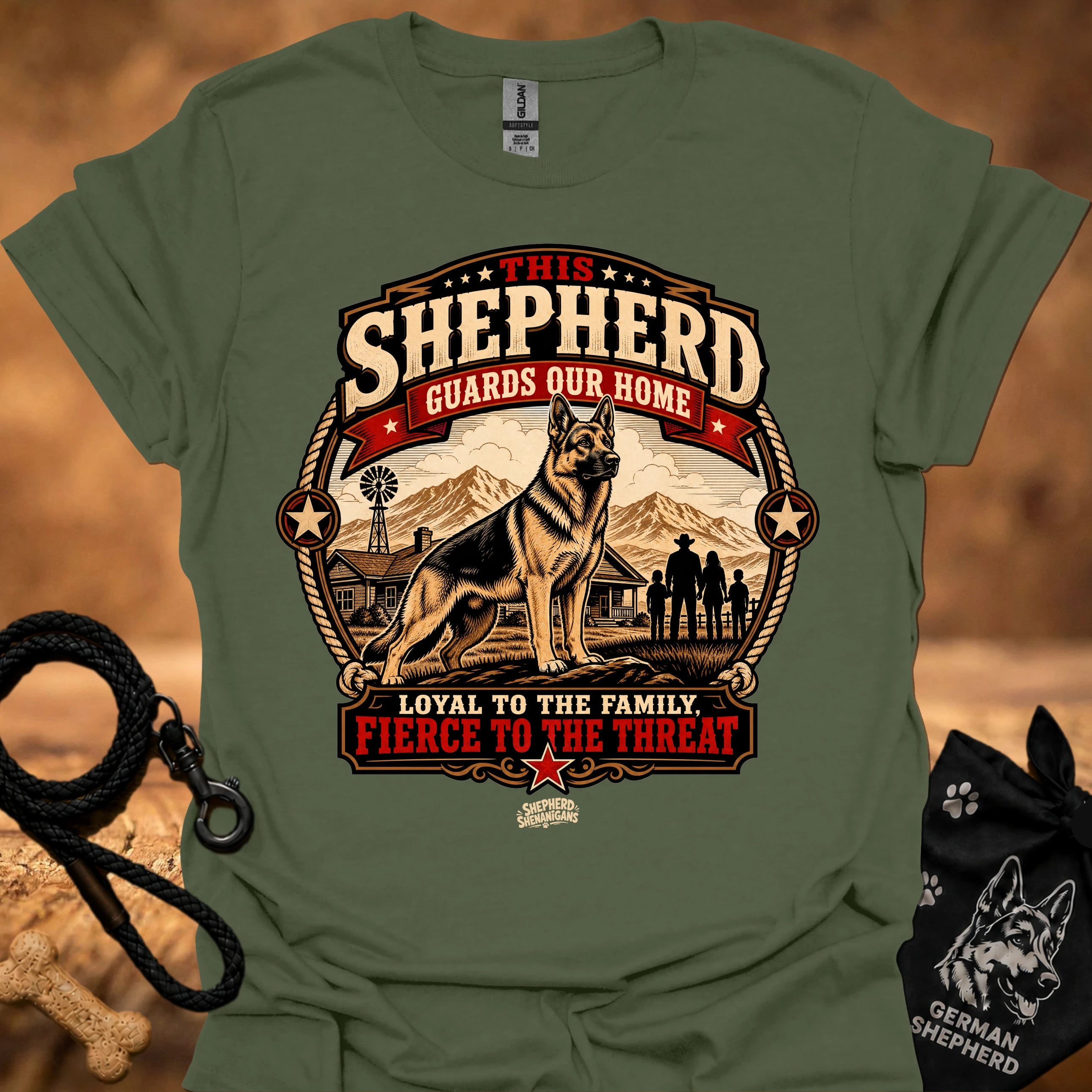 Military green crew neck T-shirt with large shepherd house emblem graphic