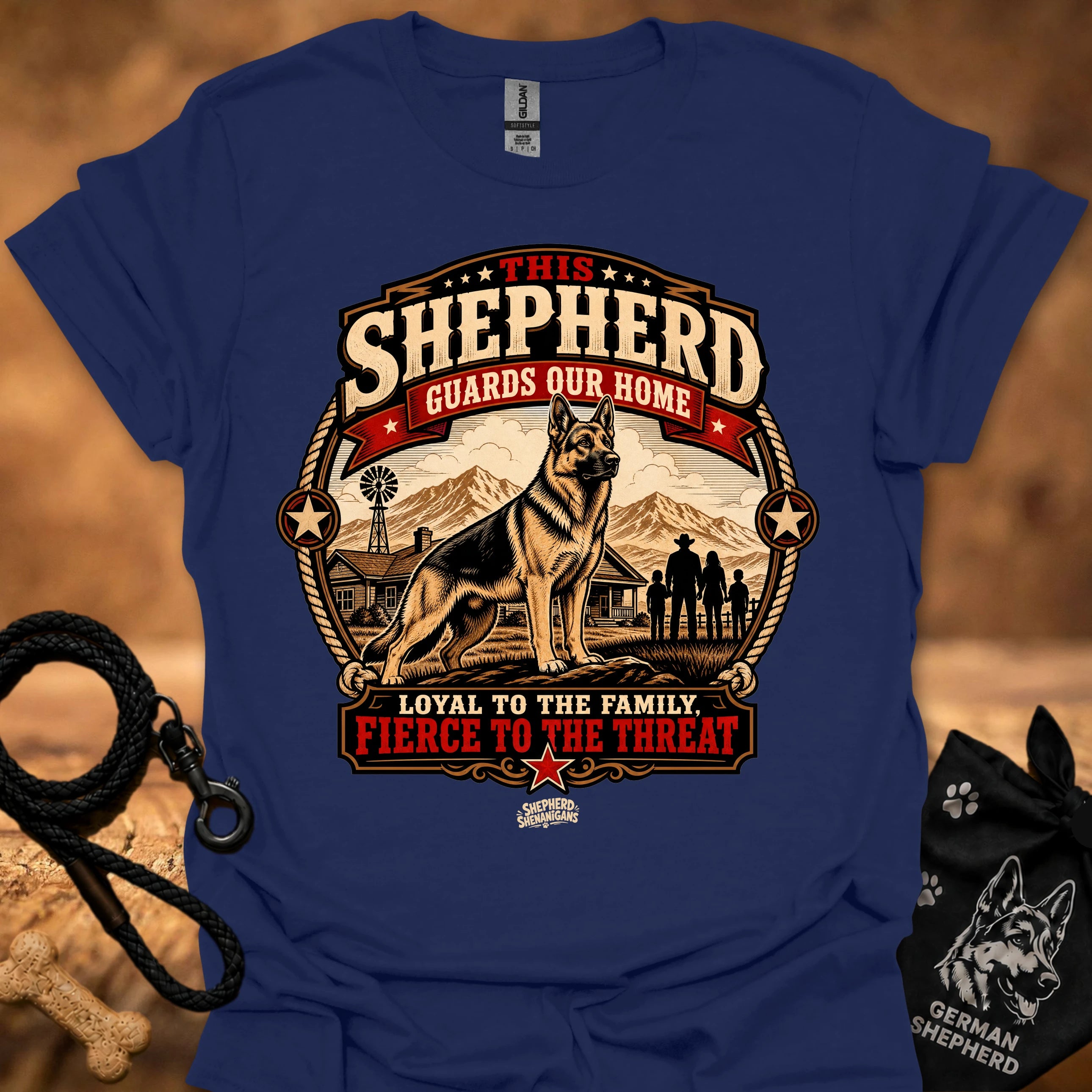 Navy crew neck T-shirt with large shepherd house emblem graphic